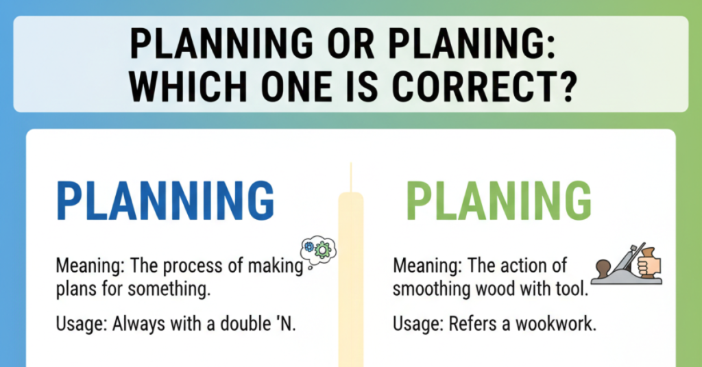 Planning or Planing: Which One Is Correct? Meaning, Usage, Examples & Common Mistakes